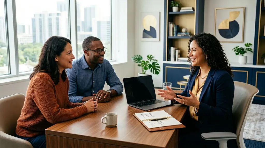 Financial planner explaining IUL policy options to a couple in a modern office