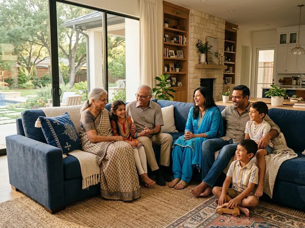 Multi-generational Texas family enjoying time together in their living room