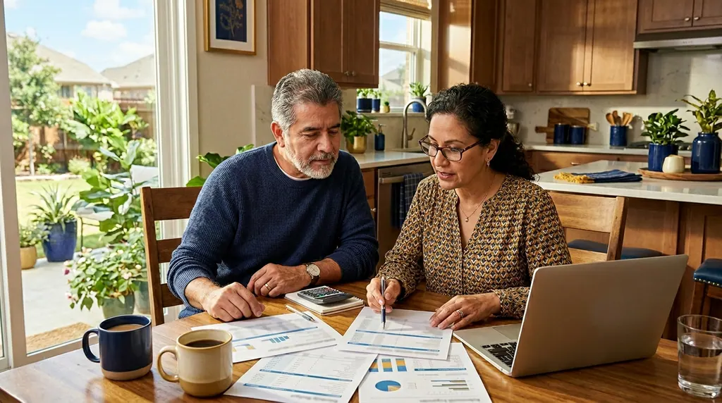 Couple reviewing retirement financial documents at kitchen table