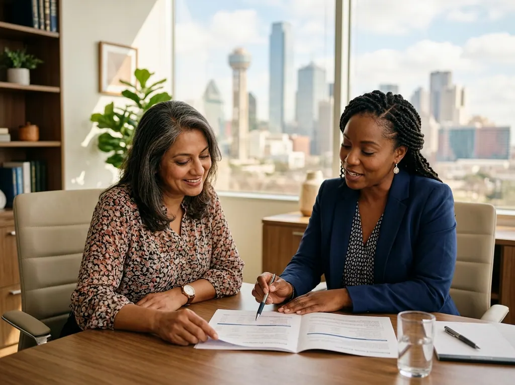 Financial advisor reviewing retirement plan with client in Dallas office