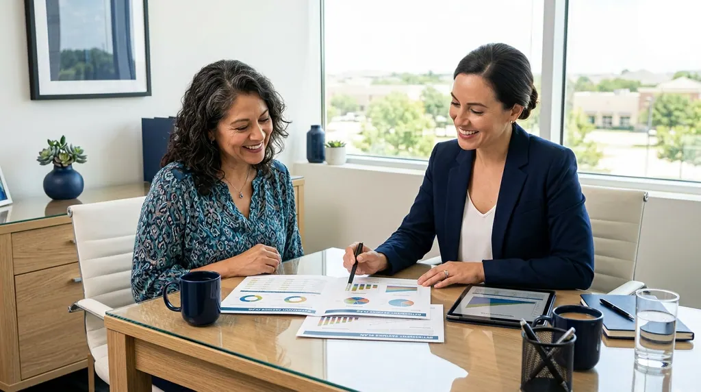 Financial planner reviewing tax-advantaged retirement account options with a client in a DFW office