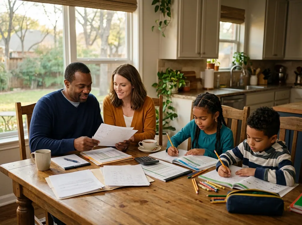 Texas family reviewing tax documents and dependent care credits together at home